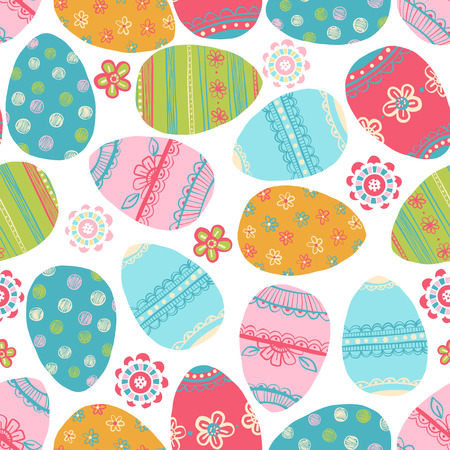 Easter seamless pattern with colored eggs. Doodle easter pattern for greeting cards, background, fabrics, textile, wallpapersのイラスト素材