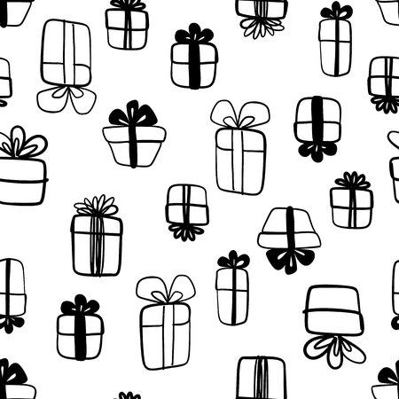 Hand drawn abstract seamless pattern with gift boxes isolated on white.のイラスト素材