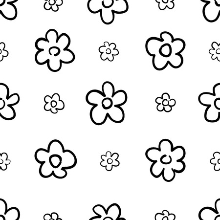 Hand drawn seamless pattern with flowers isolated on white. Endless vector primitive background. Stylish monochrome doodles. Vector illustration.のイラスト素材