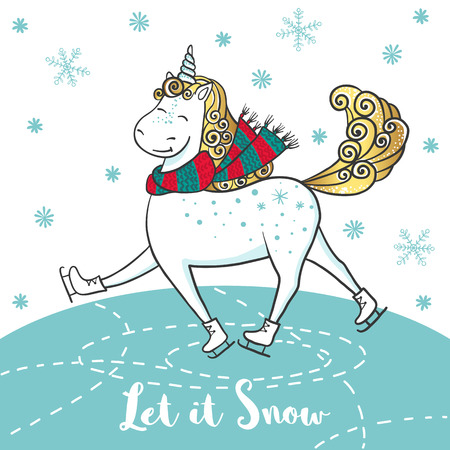 Winter card with cute unicorn on skates.のイラスト素材