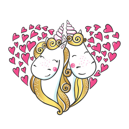 Cute hand drawn Unicorns in love isolated on white background.のイラスト素材