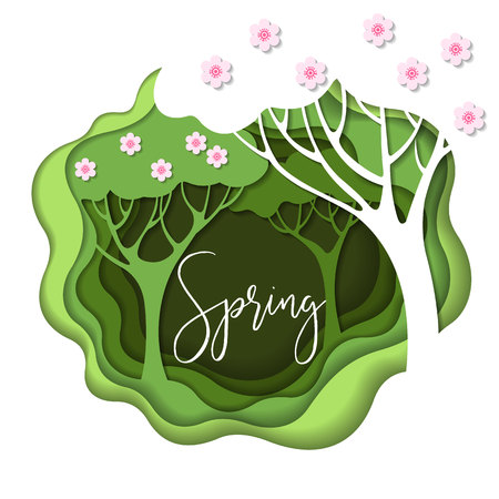 Abstract paper layered,  colorful carve spring text and trees and flowers design background.のイラスト素材