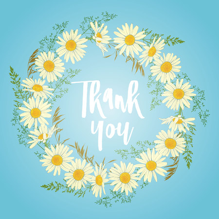 Hand drawn card with Chamomile flowers wreath. Thank you concept. Spring summer decor frame. Vector illustrationのイラスト素材