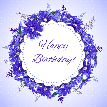 Cute Hand drawn card with Chicory flowers wreath. Happy birthday concept. Spring summer decor frame. Vector illustrationのイラスト素材