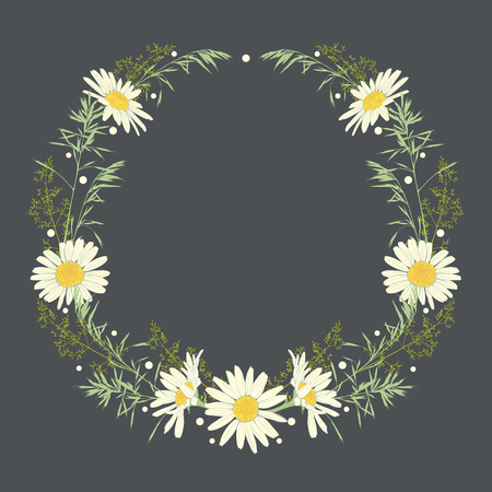 Hand drawn wreath with camomile and herbs. Spring summer decor frame. Vector illustration. Design element for invitations, greeting cards, cosmetic and other.のイラスト素材