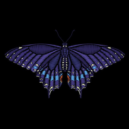 Cute embroidered butterfly for fashion design. Decorative element for patches, stickers, embroidery and prints. Vector illustration.のイラスト素材