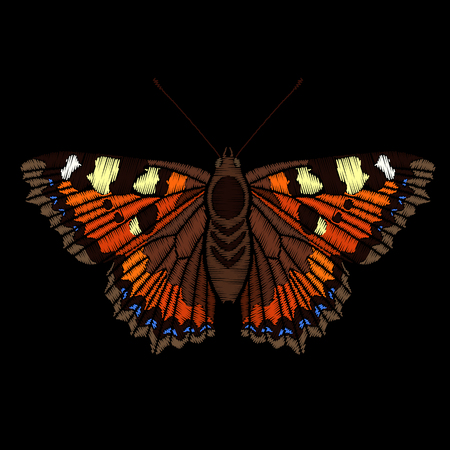 Cute embroidered butterfly for fashion design. Decorative element for patches, stickers, embroidery and prints. Vector illustration.のイラスト素材