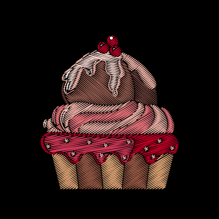 Cute embroidered cupcake for fashion design. Decorative element for patches, stickers, badges,...