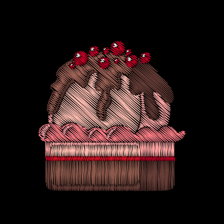 Cute embroidered cupcake for fashion design. Decorative element for patches, stickers, badges, embroidery and prints. Design for fabric, clothing and accessories. Vector illustration. Food concept.のイラスト素材