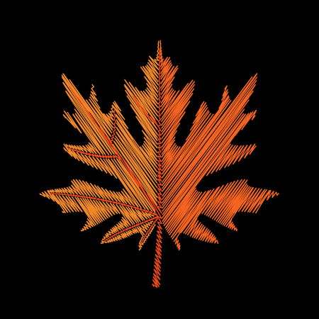 Cute embroidered maple leaf for fashion. Decorative element for patches, stickers, badges, embroidery and prints. Design for fabric, clothing and accessories. Vector illustration. Autumn leaf.のイラスト素材