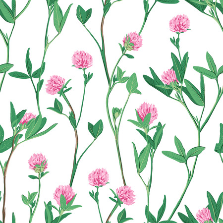 Hand drawn floral seamless pattern with red clover isolated on white background. Cute pink flowers. Summer concept. Design element for textile, fabrics, scrapbooking, wallpaper and etc. Vector illustration.のイラスト素材