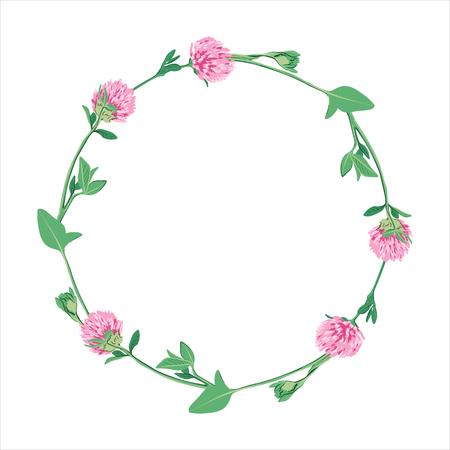 Hand drawn Floral wreath with clover flower isolated on white background. Spring summer decor frame. Vector illustration. Design element for invitations, greeting cards, cosmetic and other.のイラスト素材