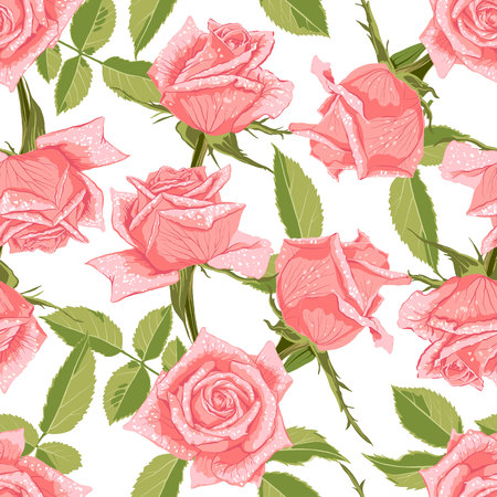 Seamless floral pattern with roses isolated on white background. Design element for fabrics, textile, prints, scrapbooking, wallpapers and etc. Vector illustration.のイラスト素材
