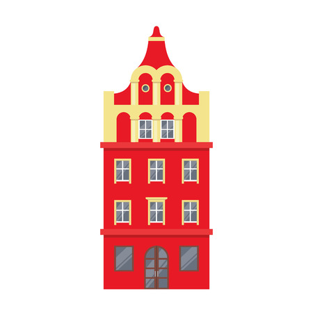 Red European style classic building facade in flat style isolated on white background. Baroque style hotel building. Amsterdam style house. Vector illustration.のイラスト素材