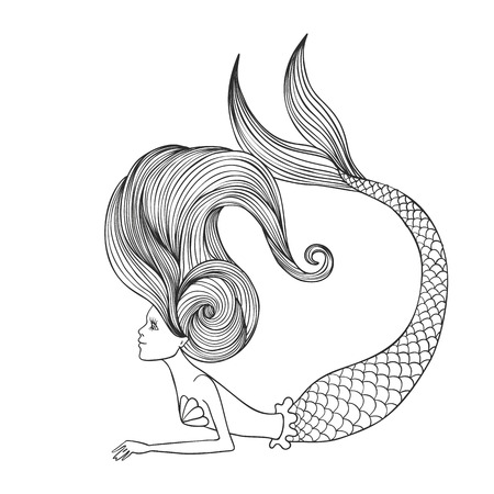 Hand drawn linear cute girl Mermaid for coloring book isolated on white background. Drawing contour for coloring. Vector illustration.の写真素材