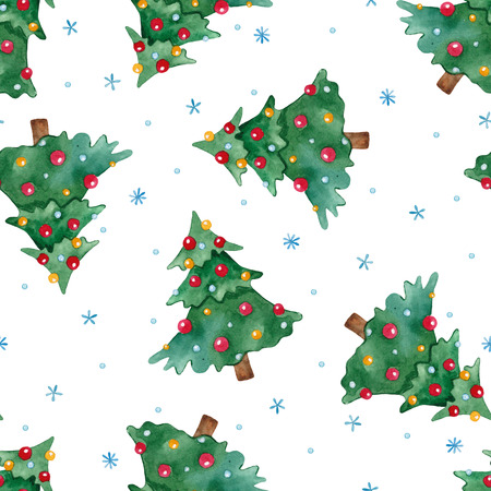 New Year seamless pattern with Christmas tree and snowflakes. Winter watercolor background. Design element for textile, wrapping, scrapbooking or wallpaper.の写真素材