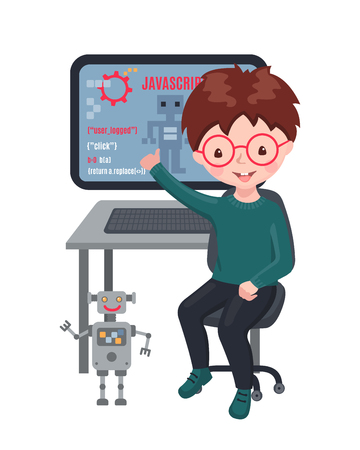 Cute smiling boy sitting at laptop and learning coding at school. Vector illustration isolated on white background. Design for bunner, poster or website.のイラスト素材