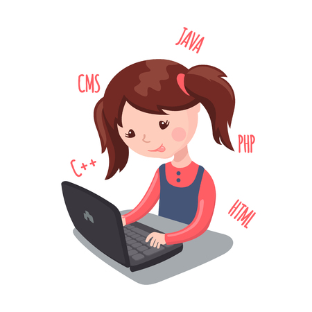 Cute smiling girl sitting at laptop and learning web design and coding. Vector illustration isolated on white background. Design for bunner, poster or website.のイラスト素材