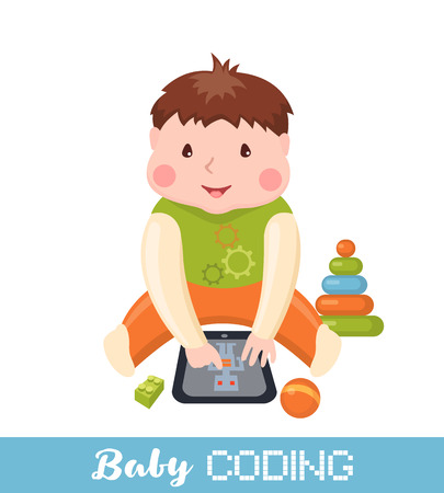 Little boy learning coding on tablet. Concept of baby informatics education. Vector illustration isolated on white background. Design for banner, poster or website.のイラスト素材