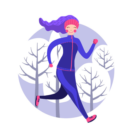 Cute woman in winter gear running outside in snow-covered park. Vector illustration. Girl running winter marathon. Healthy lifestyle.のイラスト素材