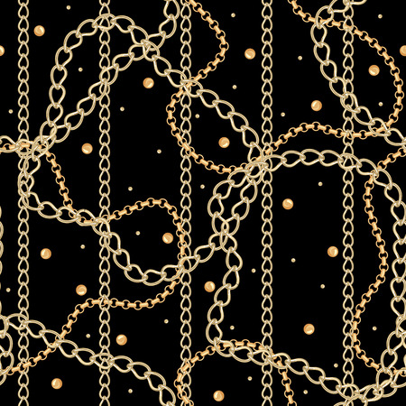 Gold and silver Chain Jewelry seamless pattern isolated on black background. Design element for textile, fabric, wallpaper or etc. Vector Illustration.のイラスト素材