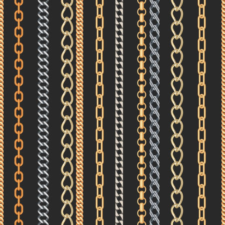 Gold and silver Chain Jewelry seamless pattern on black background. Design element for textile, fabric, wallpaper or etc. Vector Illustration.のイラスト素材