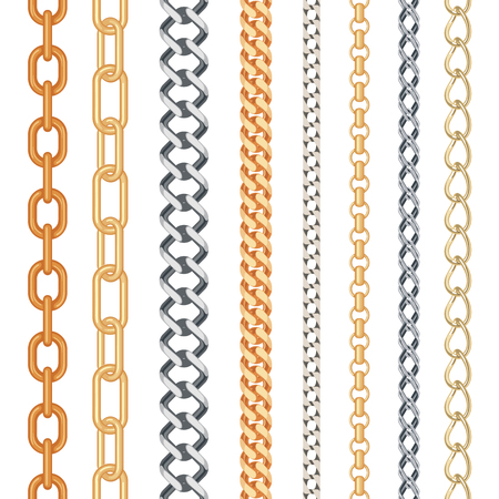 Golden and silver seamless chain set isolated on white background. Fashion collection. Vector illustration.のイラスト素材