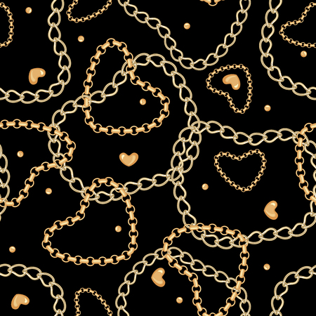 Gold and silver Chain Jewelry seamless pattern with gold hearts isolated on black background. Design element for textile, fabric, wallpaper or etc. Vector Illustration.のイラスト素材