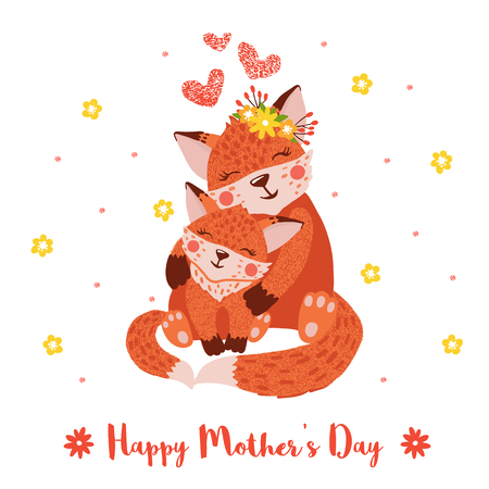 Happy mothers day greeting card with cute foxes in hand drawn style. Baby and mother together. Nursery concept. Vector illustration.のイラスト素材