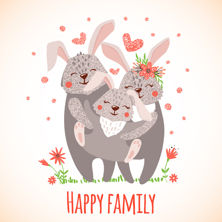 Greeting card with cute hugging rabbits family in hand drawn style. Baby, mother and father together. Nursery concept. Vector illustration.のイラスト素材