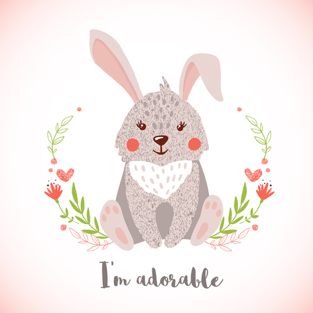 Greeting card with cute bunny in hand drawn style.のイラスト素材