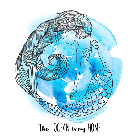 Cute graphic hand drawn mermaid on blue watercolor background. Fashion artworks, t-shirt graphics, greeting card, poster or banner. Vector illustration.のイラスト素材