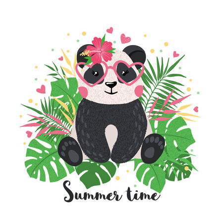 Greeting card with cute panda girl on tropical background in hand drawn style. Cartoon animal. Design element for poster, banner, t-shirt and other. Vector illustration.のイラスト素材