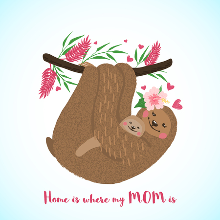 Happy mothers day card with cute sloth mom and baby in hand drawn style. Cartoon animal. Design element for poster, banner, t-shirt and other. Vector illustration.のイラスト素材