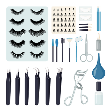 Set of Eyelash extension tools in flat style isolated on white background. Vector illustration.のイラスト素材