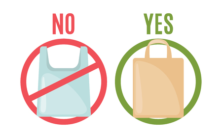 Plastic bag and eco bag in flat style isolated on white background. Pollution problem concept. Care Environment. Vector illustration.のイラスト素材