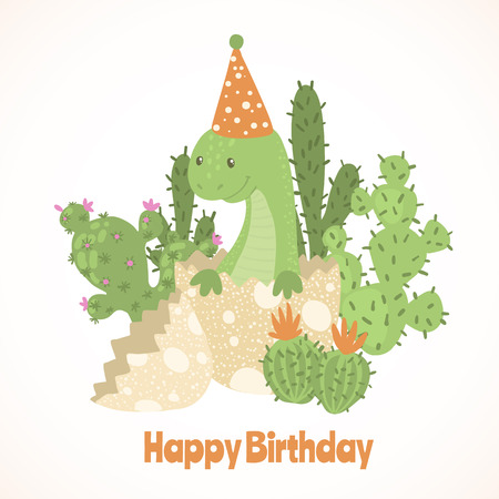 Cute cartoon happy birthday card with baby dinosaur hatching from egg. Little dino for t-shirt, kids apparel, poster, nursery or etc. Vector illustration.のイラスト素材
