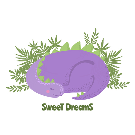 Cute purple sleeping dinosaur with green leaves. Good night concept. Design element for t-shirt, kids apparel, poster, nursery or etc. Vector illustration.のイラスト素材
