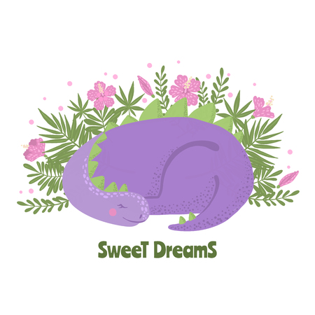 Cute sleeping purple dinosaur with flowers and leaves isolated on white background. Good night concept. Design element for t-shirt, kids apparel, poster, nursery or etc. Vector illustration.のイラスト素材