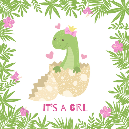 Cute cartoon baby shower card with dinosaur girl hatching from egg. Little dino for t-shirt, kids apparel, poster, nursery or etc. Vector illustration.のイラスト素材