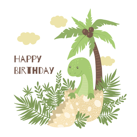 Cute greeting card with cartoon baby dinosaur hatching from egg isolated on white background. Happy Birthday concept. Little dino for t-shirt, kids apparel, poster, nursery or etc. Vector illustration.のイラスト素材