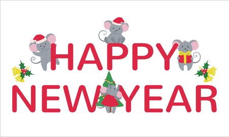 New Year banner with cute Mice isolated on white background. Zodiac rat of 2020 chinese year. Vector illustration.のイラスト素材