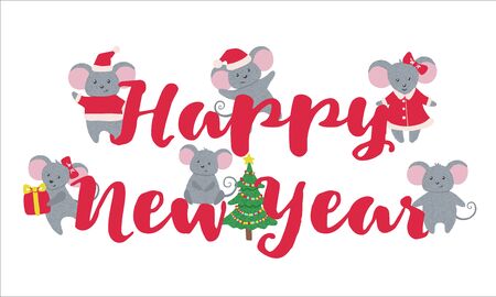 New Year banner with cute Mice isolated on white background. Zodiac rat of 2020 chinese year. Vector illustration.のイラスト素材