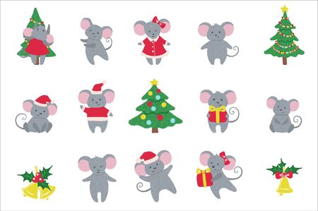 Set of cute hand drawn Mice and New Year symbols isolated on white background. Rat horoscope sign of Chinese year 2020. Vector illustration.のイラスト素材