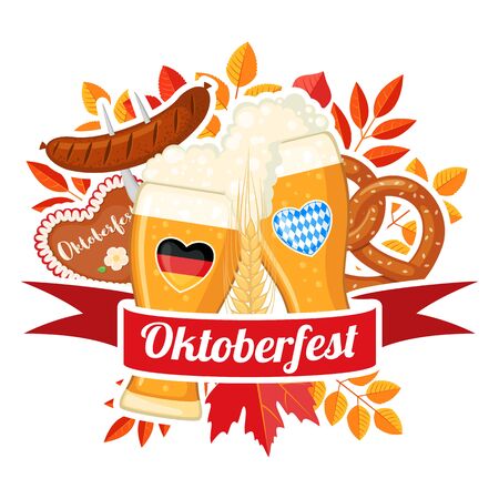 Oktoberfest beer festival elements in flat style isolated on white background. Design for posters, banners, web or cards. Vector illustration.のイラスト素材