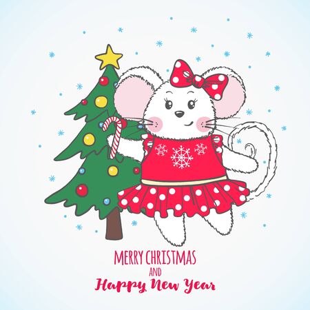 New Year and Christmas greeting card with cute Mouse with fir tree isolated on white background. Zodiac rat of 2020 chinese year. Vector illustration.のイラスト素材