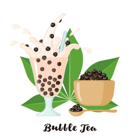 Bubble milk tea tapioca balls and leaf in flat style isolated on white background. Beverage from cassava plant. Vector illustrationのイラスト素材