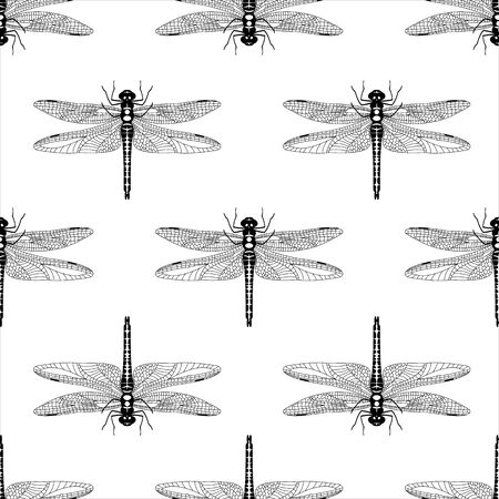 Black and white dragonfly seamless pattern isolated on white background. Monochrome illustration. Design element for textile, fabrics, wallpaper, scrapbooking or etc. Vector illustration.のイラスト素材