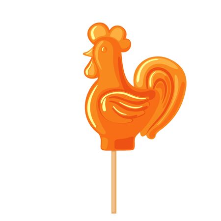 Sugar candy cock on a stick icon in flat style isolated on white background. Lollipop rooster for Maslenitsa or Shrovetide festival. Vector illustration.のイラスト素材