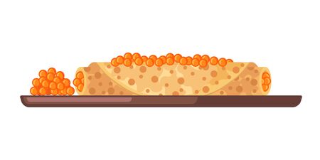 Pancake with red caviar icon in flat style isolated on white background. Russian traditional meal for Maslenitsa or Shrovetide. Vector illustration.のイラスト素材